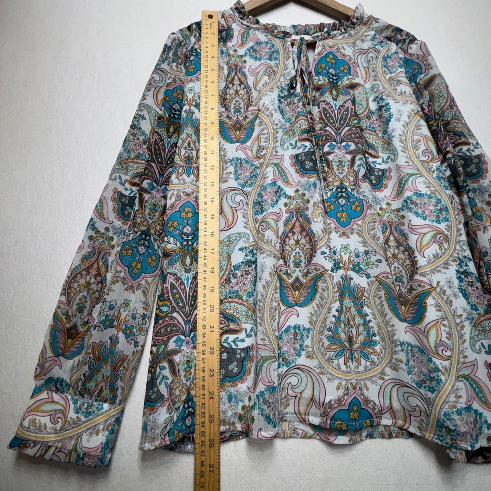 LOFT Paisley Floral Tie Neck Blouse Blue Pink Teal Size XL Sheer‎ Feminine Boho - Picture 6 of 9